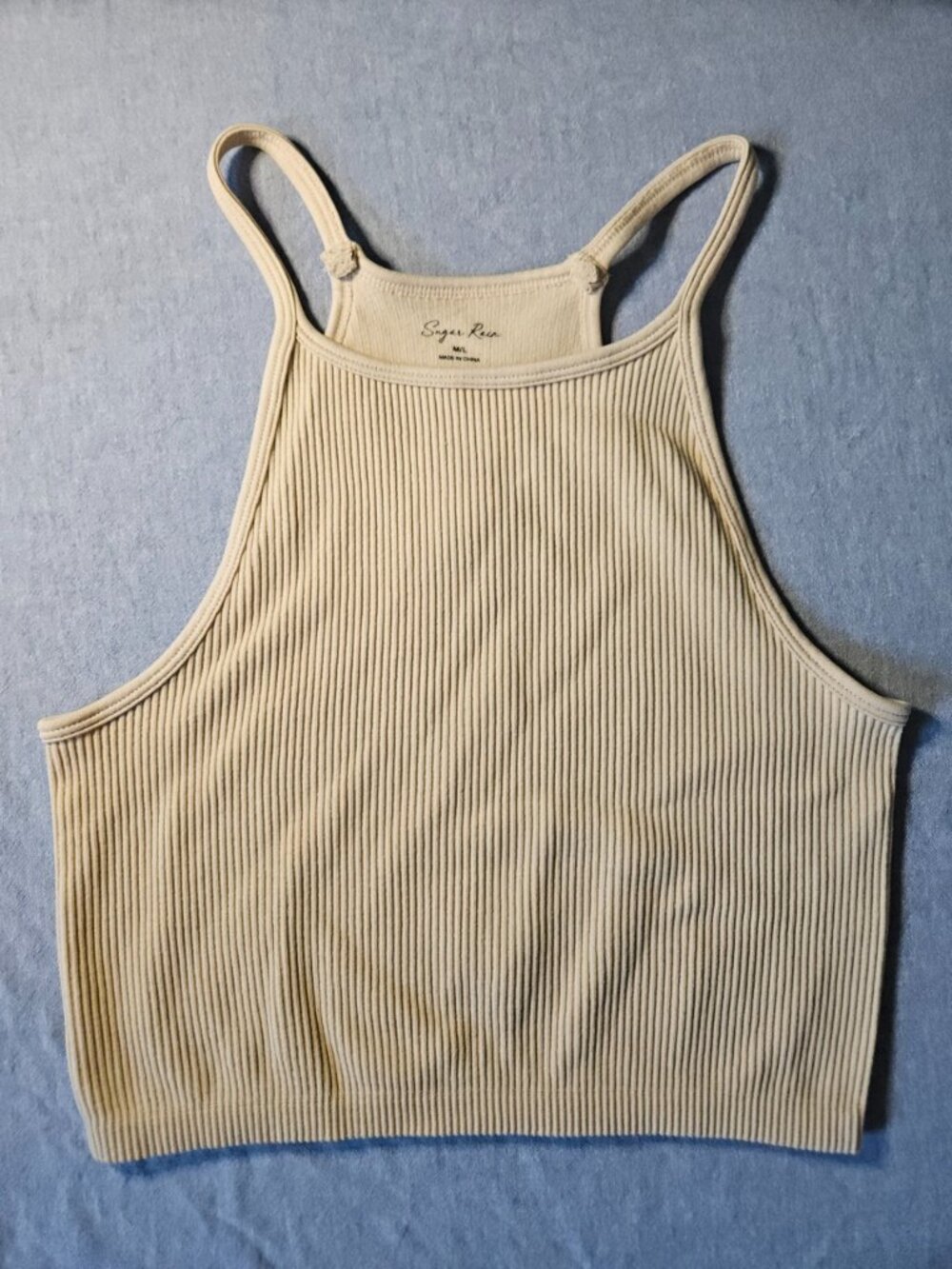 Sugar Rain Beige Ribbed High Neck Seamless Racerback Crop Tank Top - M/L